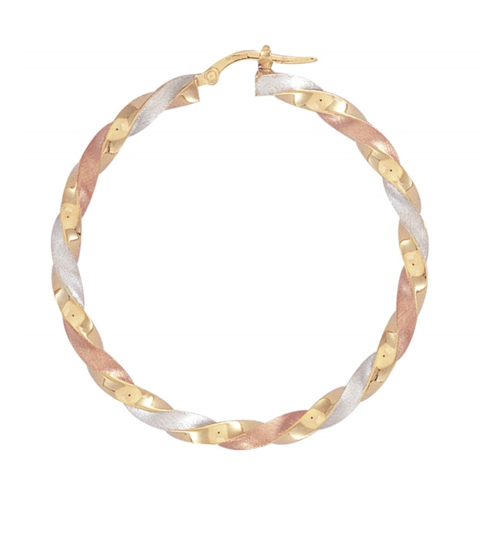 Brand New tri colour 9 carat gold satin twist hoop earrings
