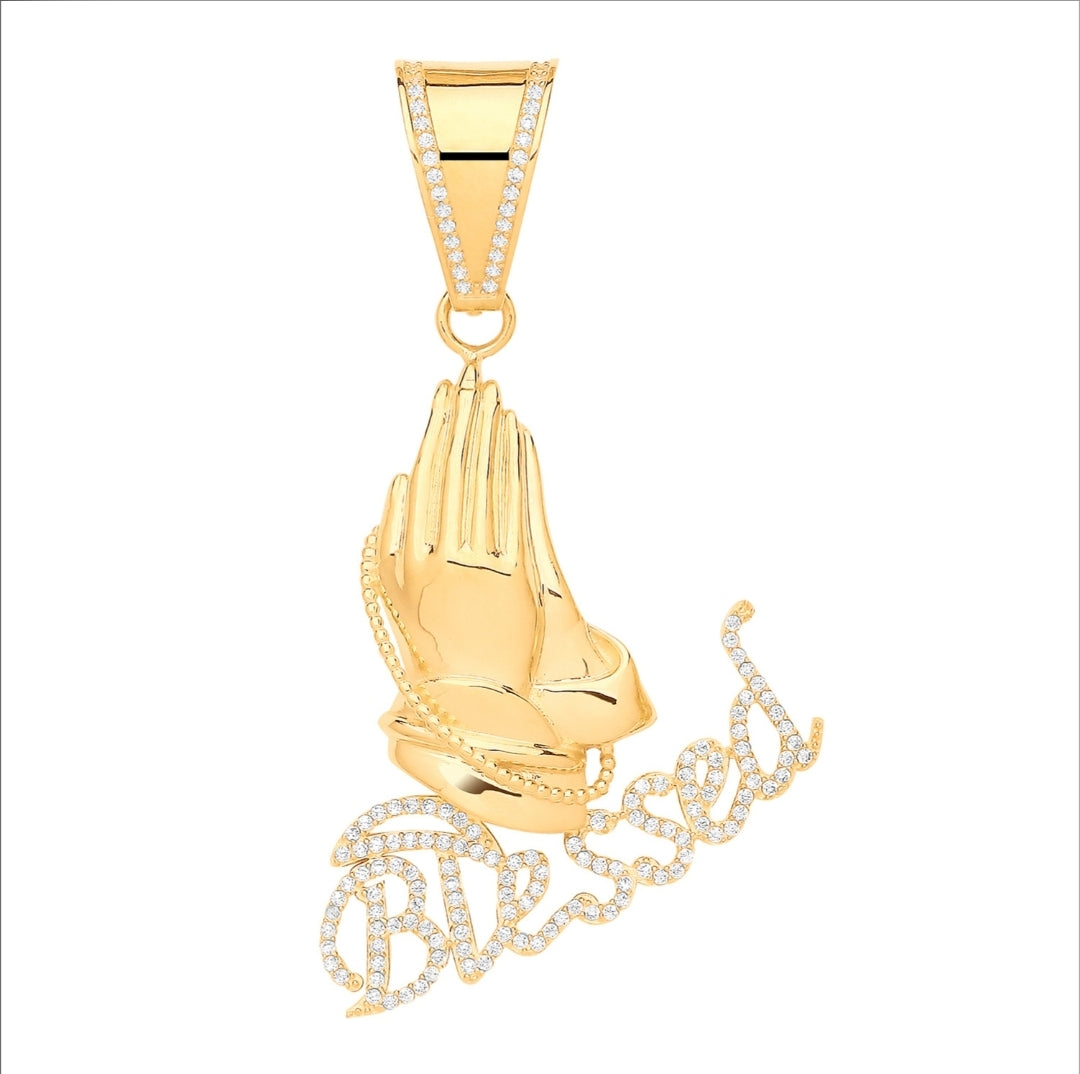 Brand New 9 carat gold Blessed Praying Hands cz Pendant