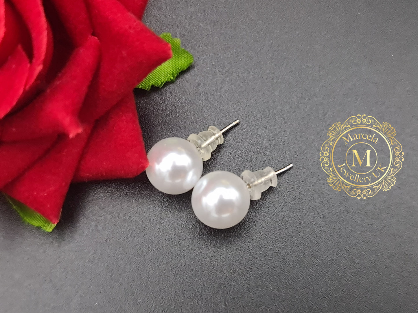 Silver Faux Pearl Stud Earrings