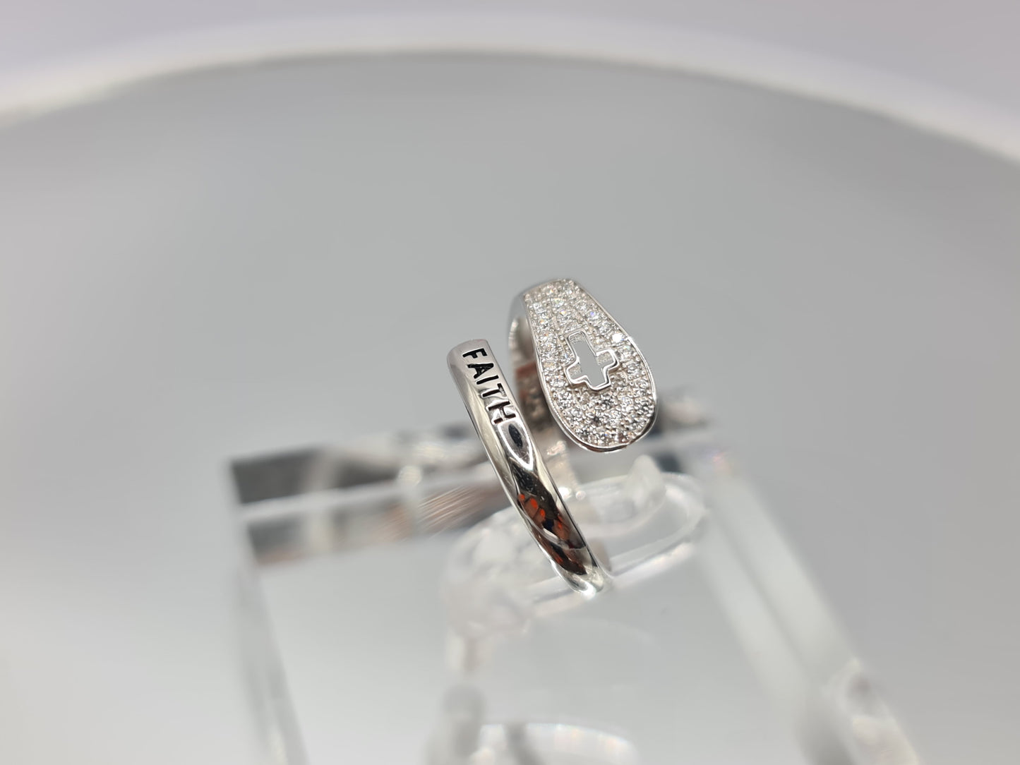 Brand New "Faith and Cross " ring adorned with cubic zirconia stones in Sterling Silver