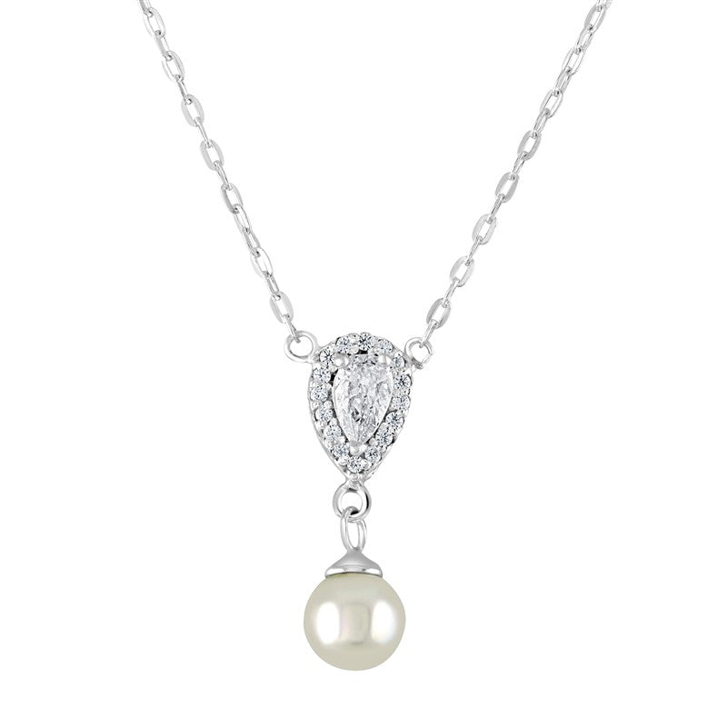 Brand New Pear cz and faux pearl  drop Necklace