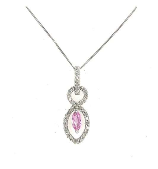 Brand New 9 carat white gold pendant chain Pink Sapphire and Diamonds